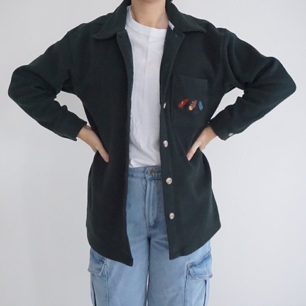 Vintage '90S Cherokee Hunter Green Embroidered Feathers Button Up Shacket S - Picture 2 of 10